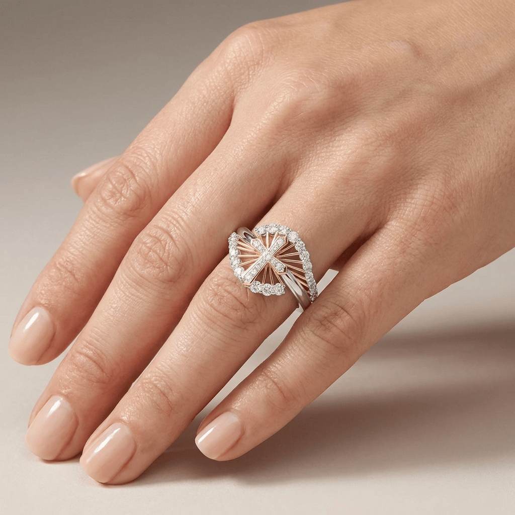 The Two-Tone Cross Ring — Silver with Crystal Detail