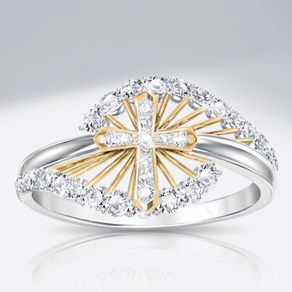 The Two-Tone Cross Ring — Silver with Crystal Detail