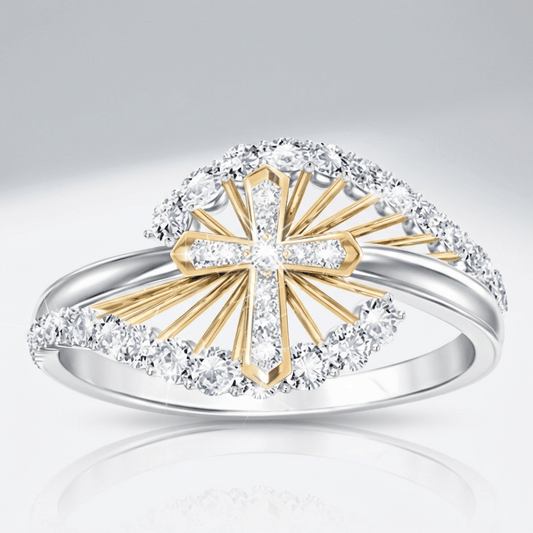 The Two-Tone Cross Ring — Silver with Crystal Detail