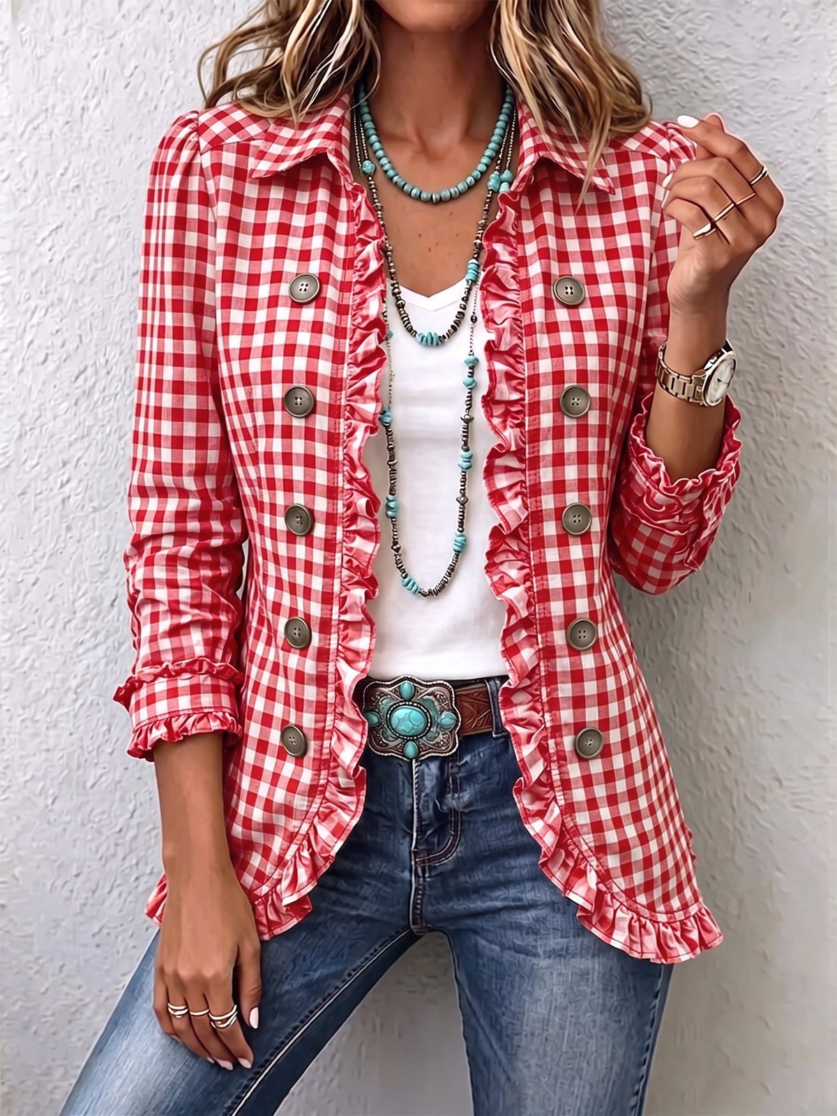 Carmela | Women's Gingham Print Ruffled Jacket