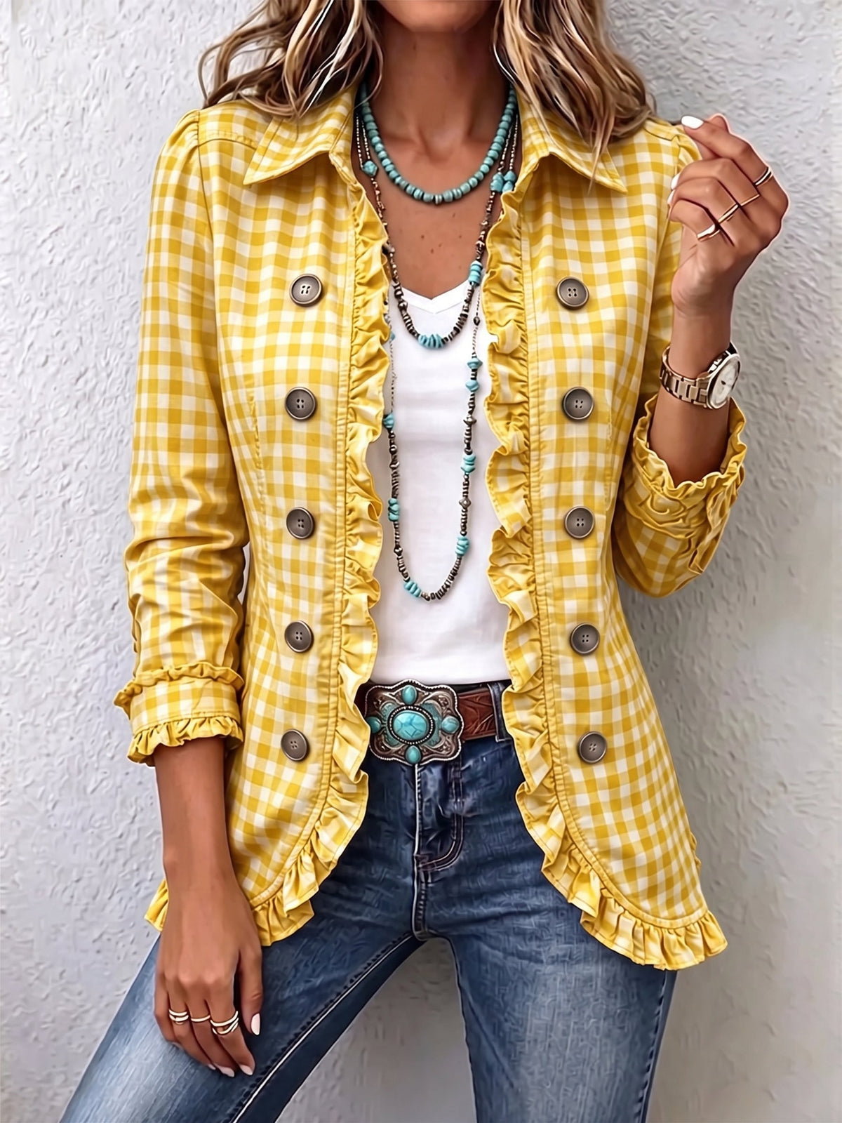 Carmela | Women's Gingham Print Ruffled Jacket