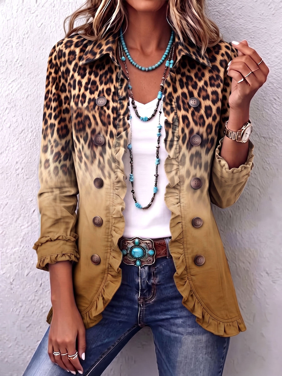 Vespera | Ochre Leopard Ruffle Jacket