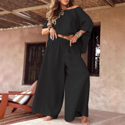 Women's Casual Off-Shoulder Top & Wide-Leg Pants Two-Piece Set