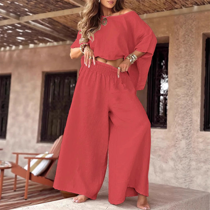 Women's Casual Off-Shoulder Top & Wide-Leg Pants Two-Piece Set
