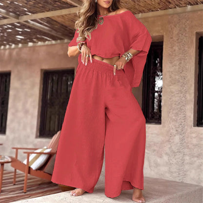 Women's Casual Off-Shoulder Top & Wide-Leg Pants Two-Piece Set