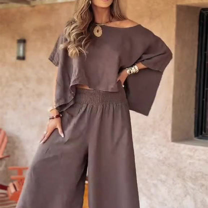 Women's Casual Off-Shoulder Top & Wide-Leg Pants Two-Piece Set