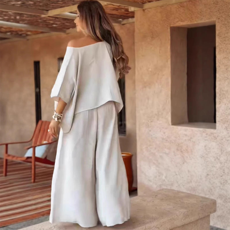 Women's Casual Off-Shoulder Top & Wide-Leg Pants Two-Piece Set