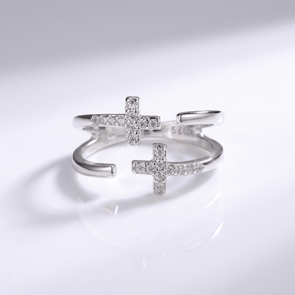 The Twin Cross Ring — Silver with Stone Detail (Adjustable)