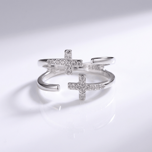 The Twin Cross Ring — Silver with Stone Detail (Adjustable)