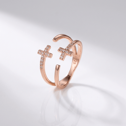 The Twin Cross Ring — Silver with Stone Detail (Adjustable)