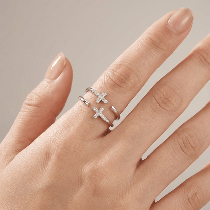 The Twin Cross Ring — Silver with Stone Detail (Adjustable)